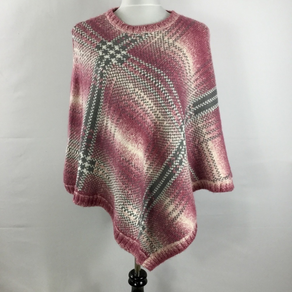 Liz Claiborne Plaid Wool Blend Knit Crew Neck Poncho Pink/Gray/White Size S/M